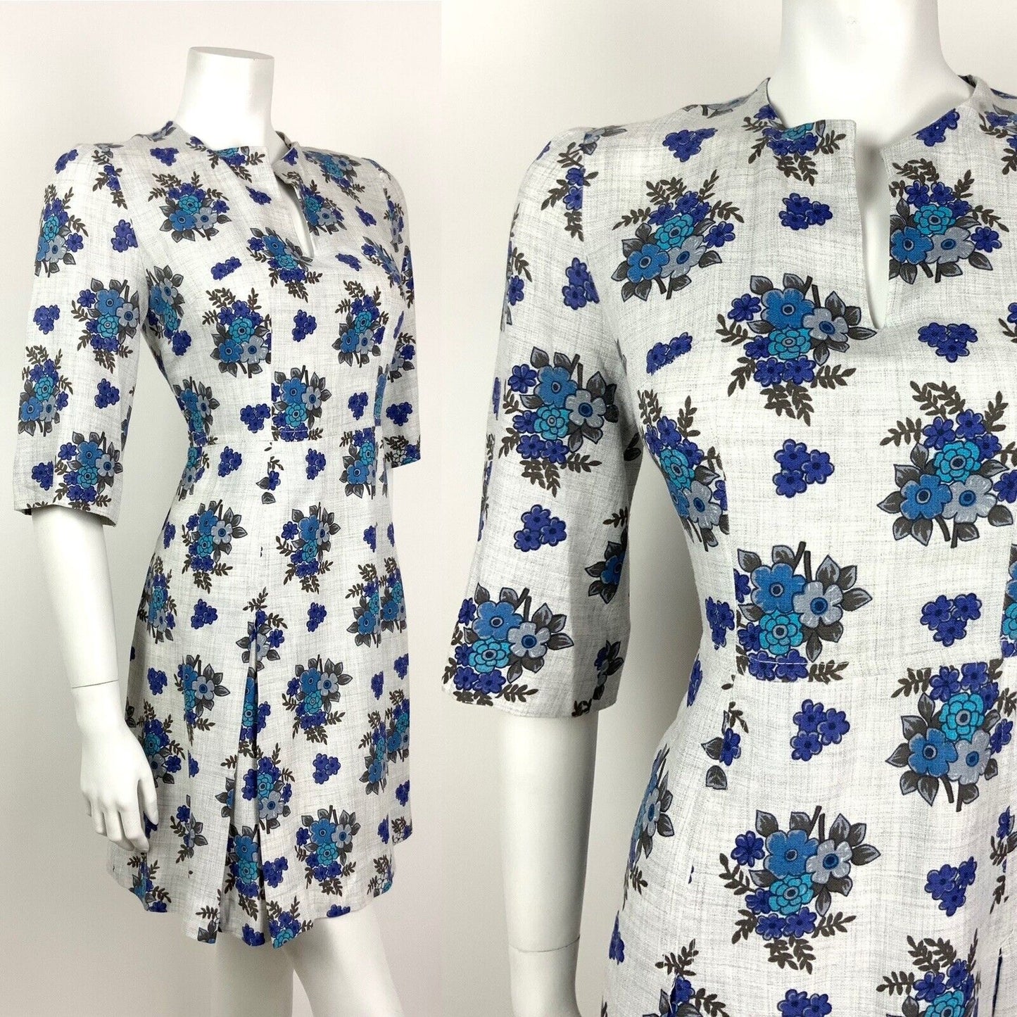 VINTAGE 60s 70s GREY NAVY BLUE FLORAL BOUQUET COTTON DRESS 10