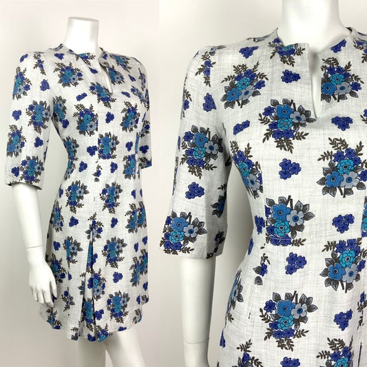 VINTAGE 60s 70s GREY NAVY BLUE FLORAL BOUQUET COTTON DRESS 10