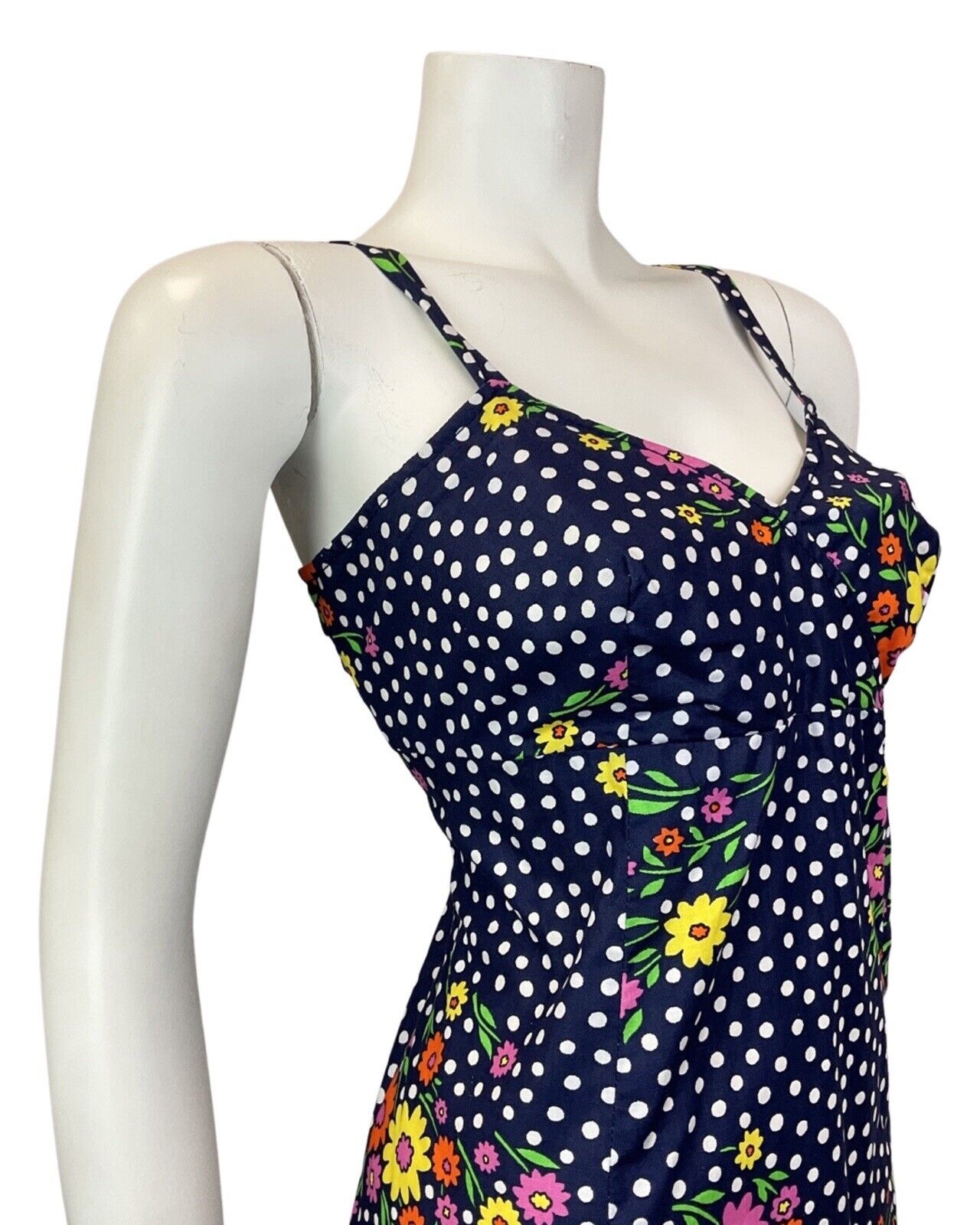 VINTAGE 60s 70s BLUE WHITE RED YELLOW POLKA-DOT DAISY FLORAL SUMMER SUN DRESS 10