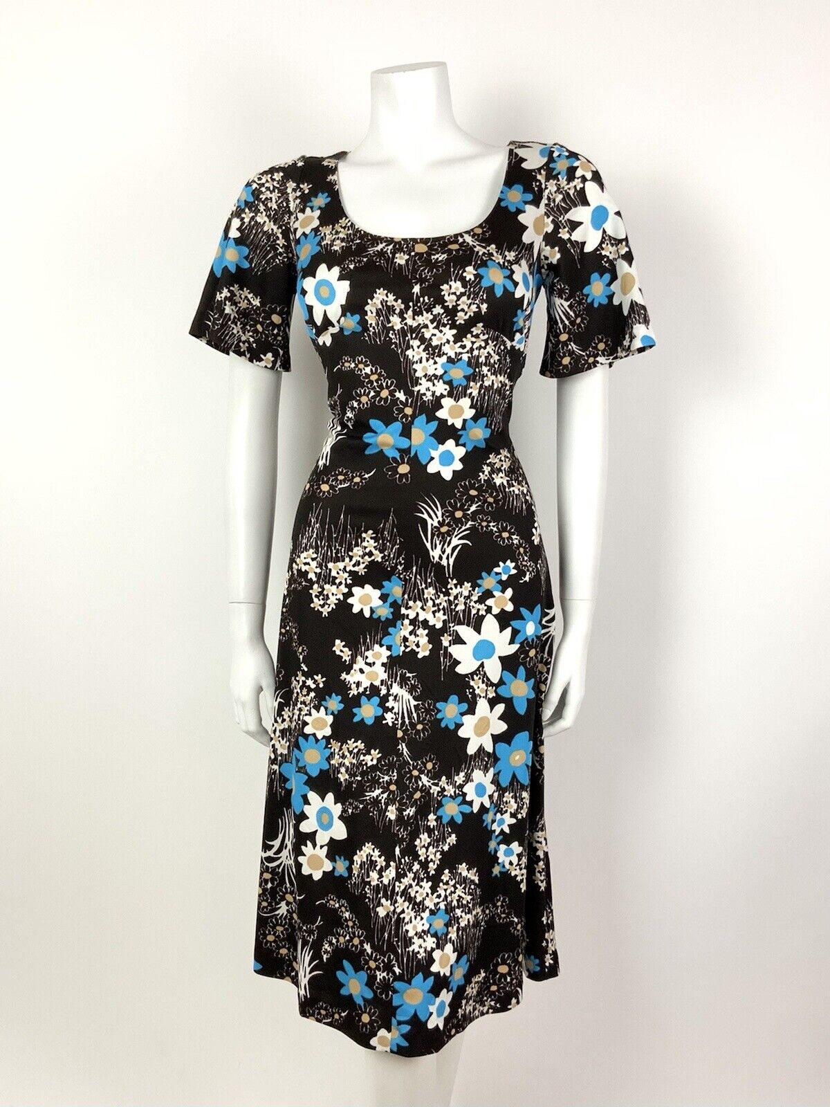 VINTAGE 60s 70s DARK BROWN WHITE BLUE FLORAL DAISY SUMMER DRESS 12