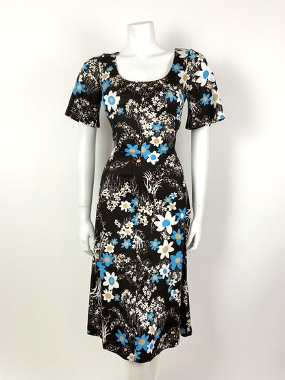 VINTAGE 60s 70s DARK BROWN WHITE BLUE FLORAL DAISY SUMMER DRESS 12
