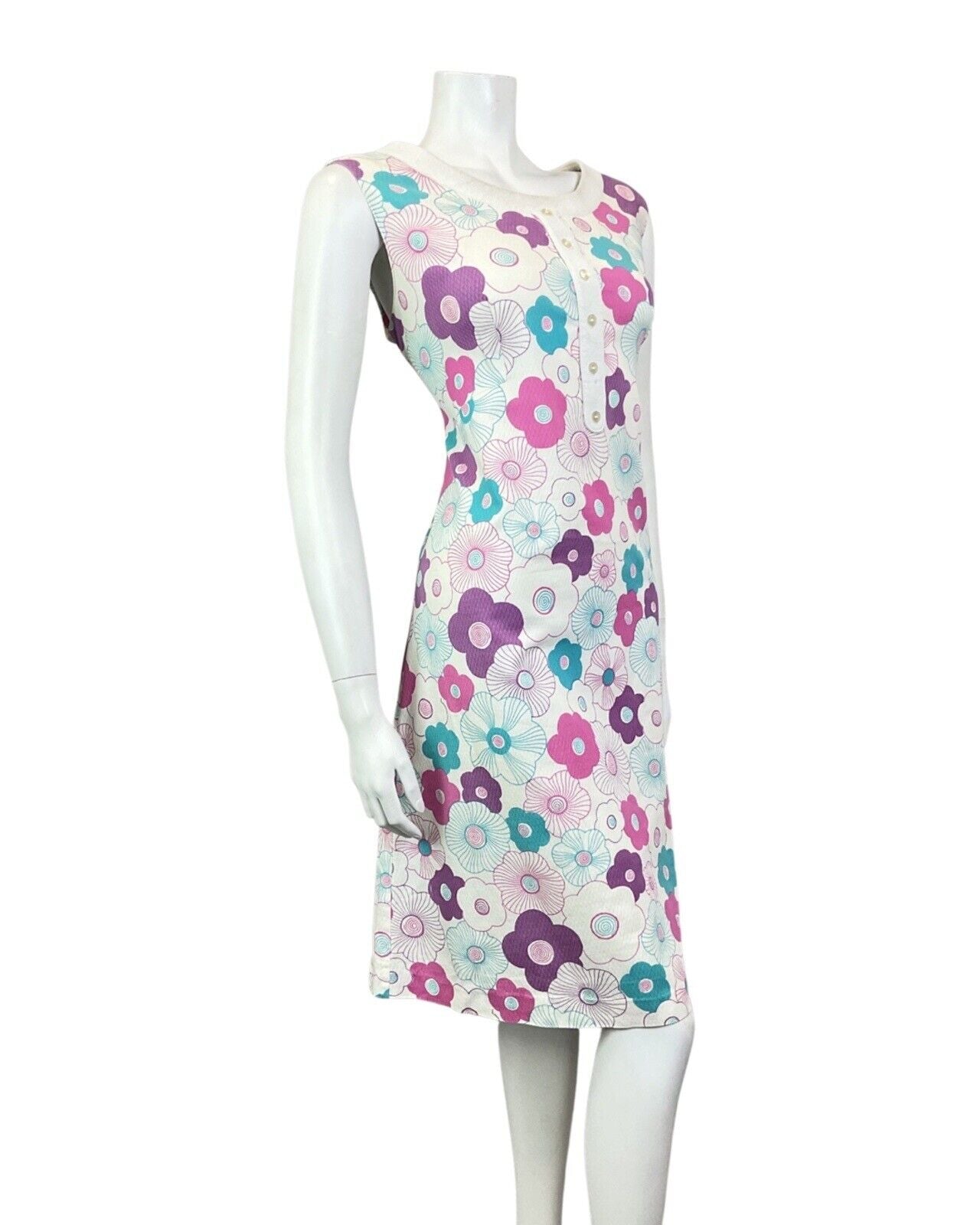 VINTAGE 60s 70s WHITE PINK BLUE DAISY FLOWER MOD SLEEVELESS SHIFT DRESS 12 14