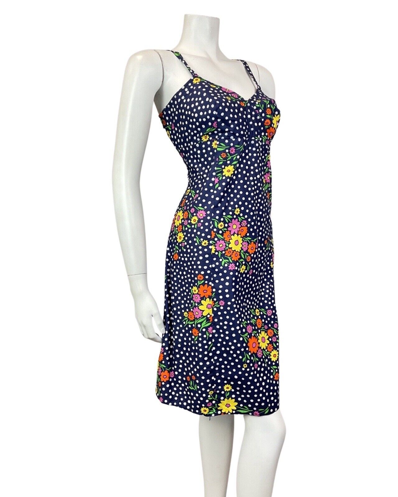 VINTAGE 60s 70s BLUE WHITE RED YELLOW POLKA-DOT DAISY FLORAL SUMMER SUN DRESS 10