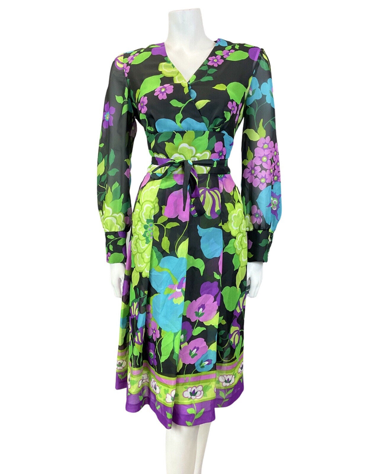 VINTAGE 60s 70s BLACK GREEN PURPLE FLORAL SHEER FLOATY SWING DRESS 14 16