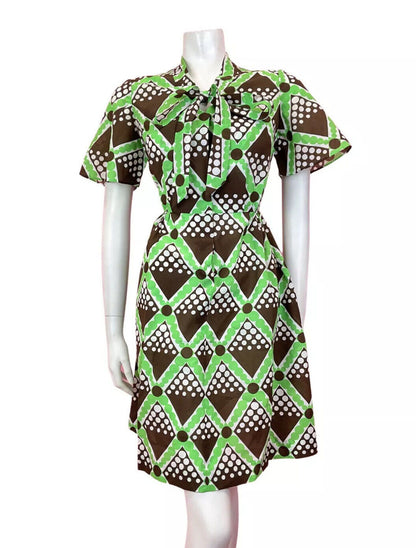VINTAGE 60s 70s BROWN GREEN WHITE CHECKED GEOMETRIC PUSSYBOW MOD DRESS 10 12