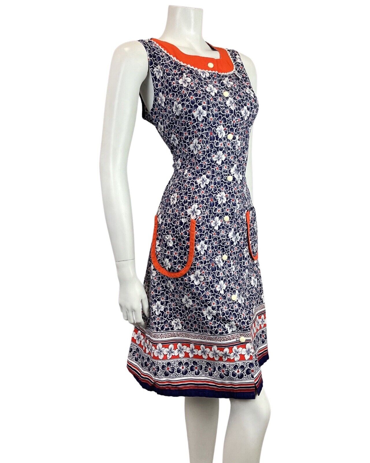 VINTAGE 60s 70s NAVY BLUE WHITE ORANGE RICRAC FLORAL SLEEVELESS MOD DRESS 10 12