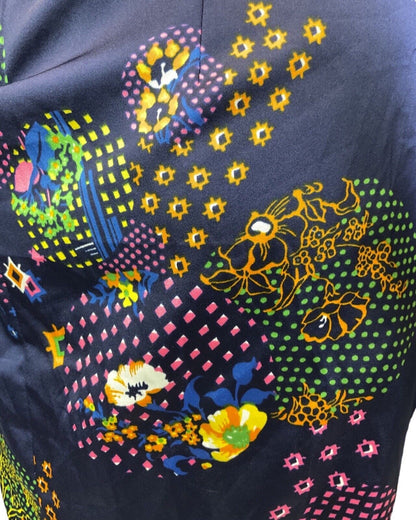 VINTAGE 60s 70s BLUE YELLOW PINK GEOMETRIC DOTTY FLORAL WING SHIRT DRESS 14 16