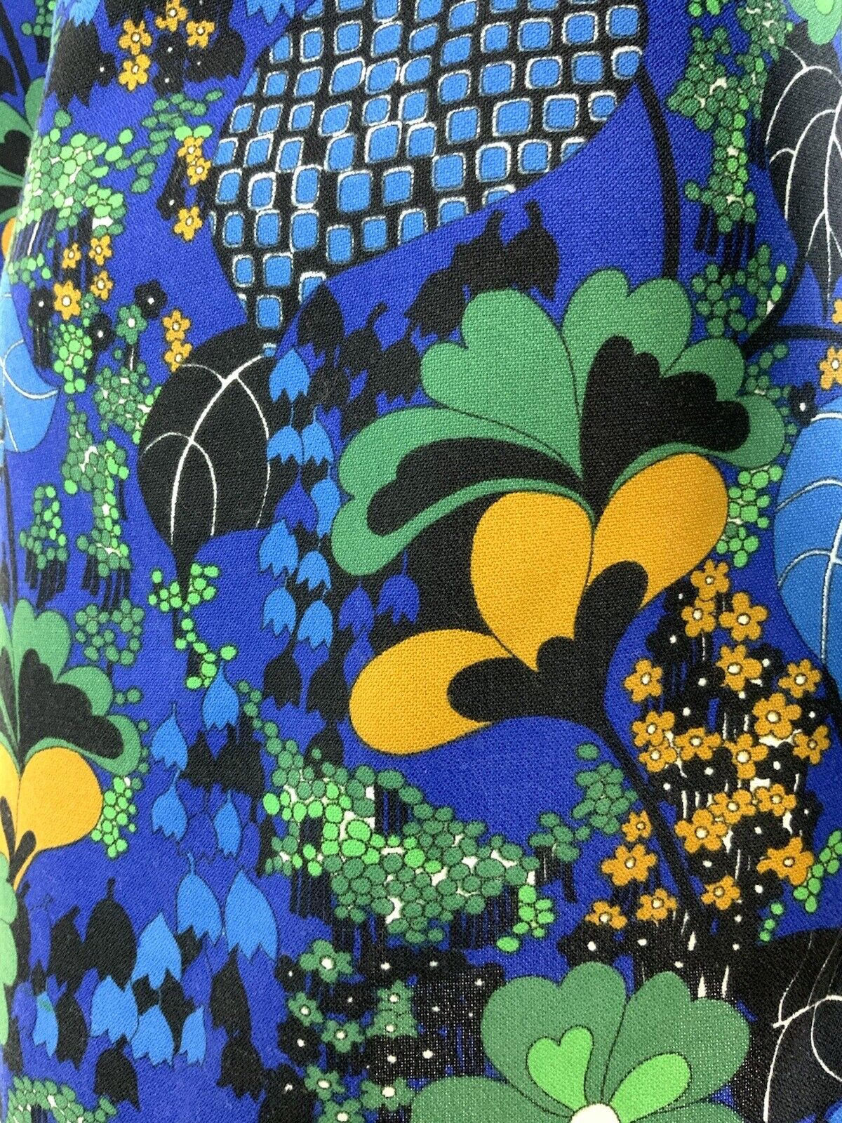VTG 60s 70s BLUE YELLOW BLACK GREEN FLORAL LEAFY PSYCHEDELIC SHIRT DRESS 10 12