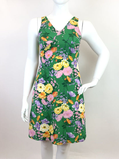 VINTAGE 60s 70s GREEN PURPLE YELLOW FLORAL SLEEVELESS SUMMER SWING DRESS 14