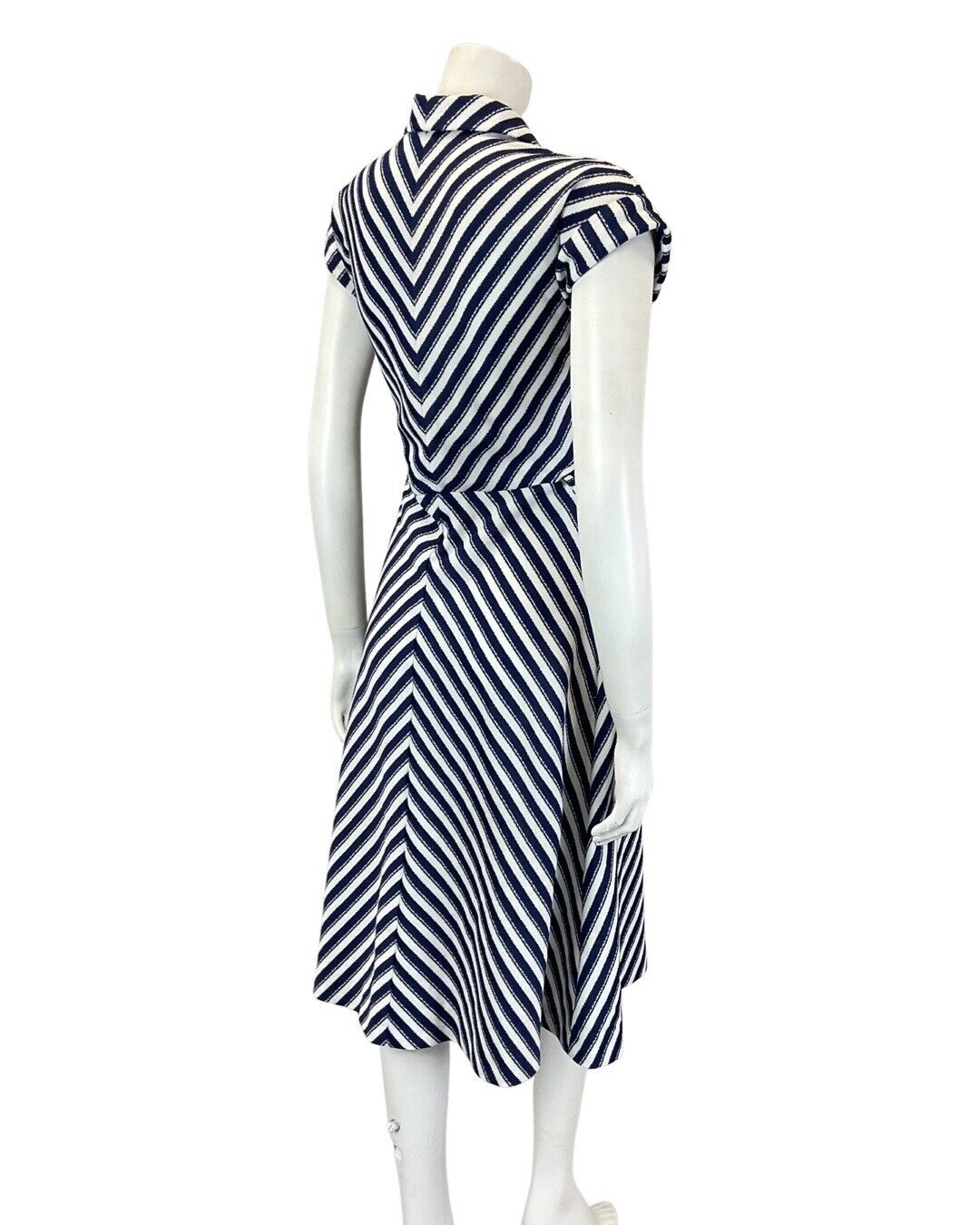 VINTAGE 60s 70s NAVY BLUE WHITE STRIPED MOD SHIRT SWING FLARED DRESS 8 10