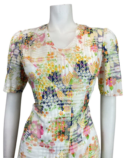 VINTAGE 60s 70s WHITE BLUE YELLOW CHECKED FLORAL DAISY MOD SHORT DRESS 10 12