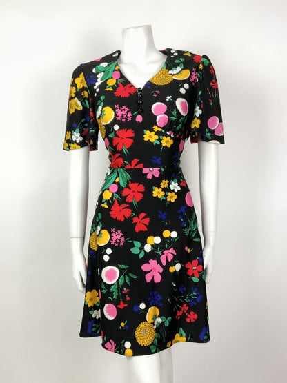 VTG 60s 70s BLACK YELLOW GREEN PINK FLORAL PSYCHEDELIC BELL SWING DRESS 12 14