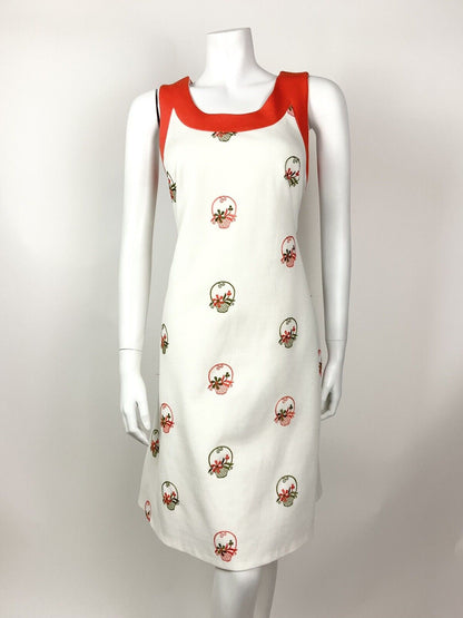 VINTAGE 60s 70s WHITE ORANGE GREEN BASKET FLORAL EMBROIDERED MOD SHIFT DRESS 12