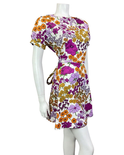 VINTAGE 60s 70s PURPLE WHITE YELLOW FLORAL MOD SHORT SWING DRESS 8 10
