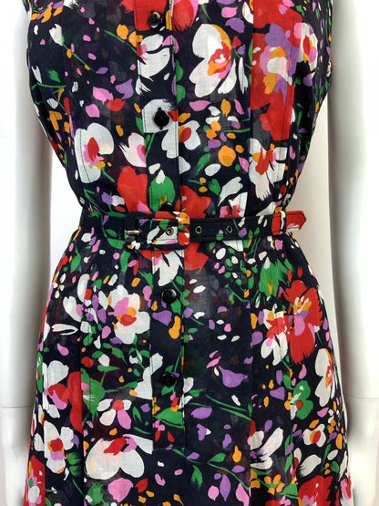 VTG 60s 70s BLACK RED WHITE GREEN FLORAL BELTED MOD SLEEVELESS SHIRT DRESS 12 14