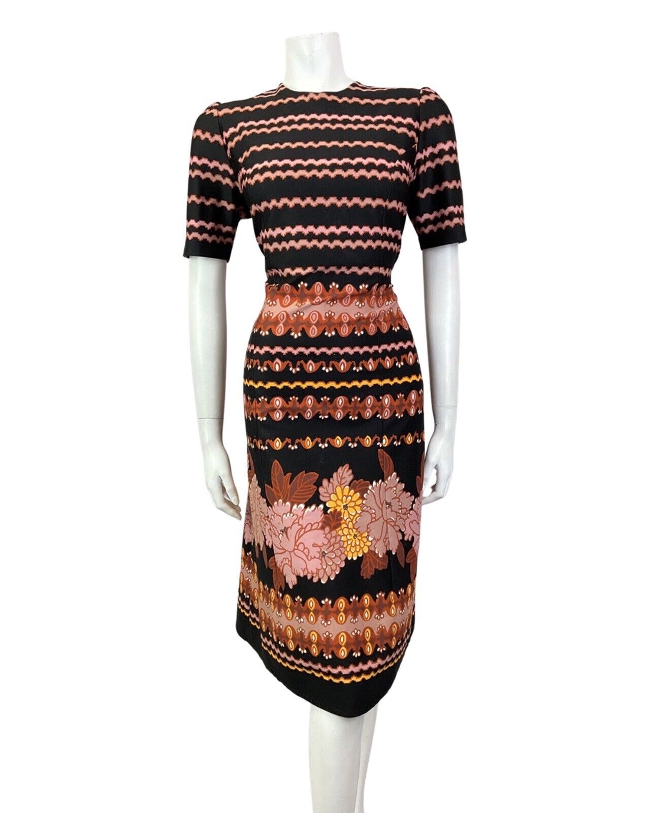 VINTAGE 60s 70s BLACK PINK ORANGE STRIPED FLORAL SUMMER DRESS 12 14