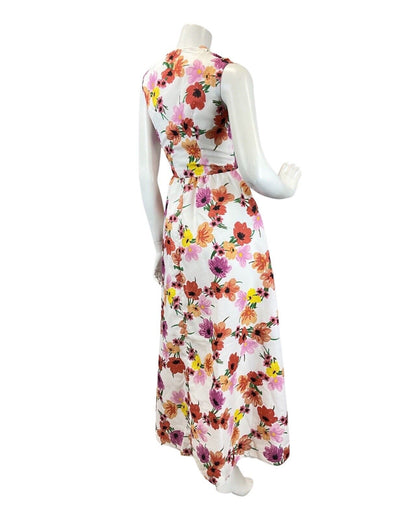 VINTAGE 60s 70s WHITE PURPLE RED FLORAL DAISY POPPY SLEEVELESS MAXI DRESS 8 10