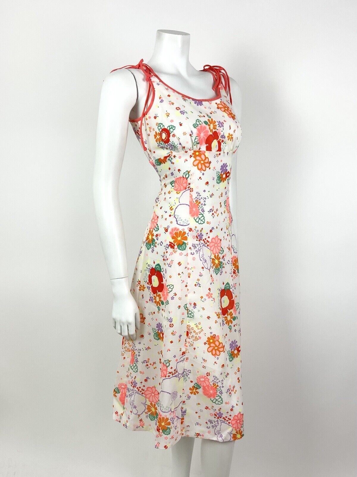 VINTAGE 60s 70s WHITE ORANGE PINK GREEN FLORAL DITSY EMPIRE LINE SUMMER DRESS 10