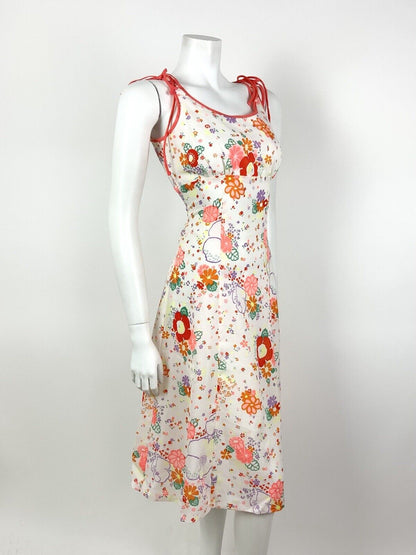 VINTAGE 60s 70s WHITE ORANGE PINK GREEN FLORAL DITSY EMPIRE LINE SUMMER DRESS 10