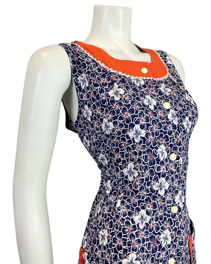VINTAGE 60s 70s NAVY BLUE WHITE ORANGE RICRAC FLORAL SLEEVELESS MOD DRESS 10 12