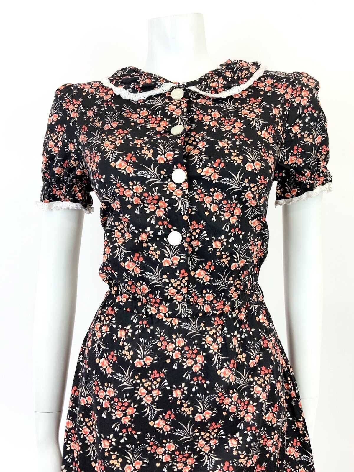 VINTAGE 60s 70s BLACK WHITE RED PEACH FLORAL DITSY PRAIRIE BOHO DRESS 8 10