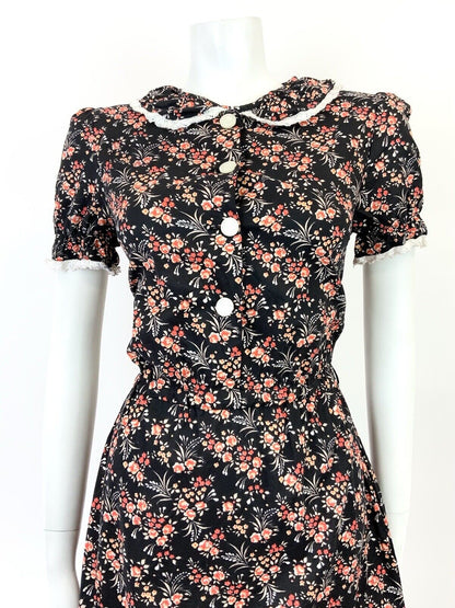 VINTAGE 60s 70s BLACK WHITE RED PEACH FLORAL DITSY PRAIRIE BOHO DRESS 8 10