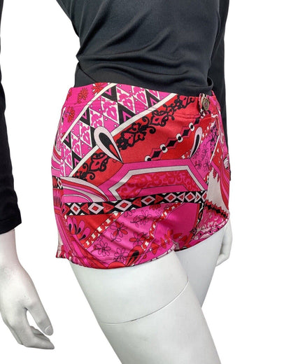 VINTAGE 60s 70s PINK RED BLACK PSYCHEDELIC FLORAL HIGH-WAISTED SWIM SHORTS 16