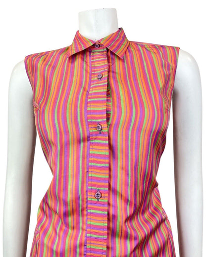 VINTAGE 60s 70s PINK GREEN PURPLE STRIPED SLEEVELESS MOD SHIFT DRESS 10 12