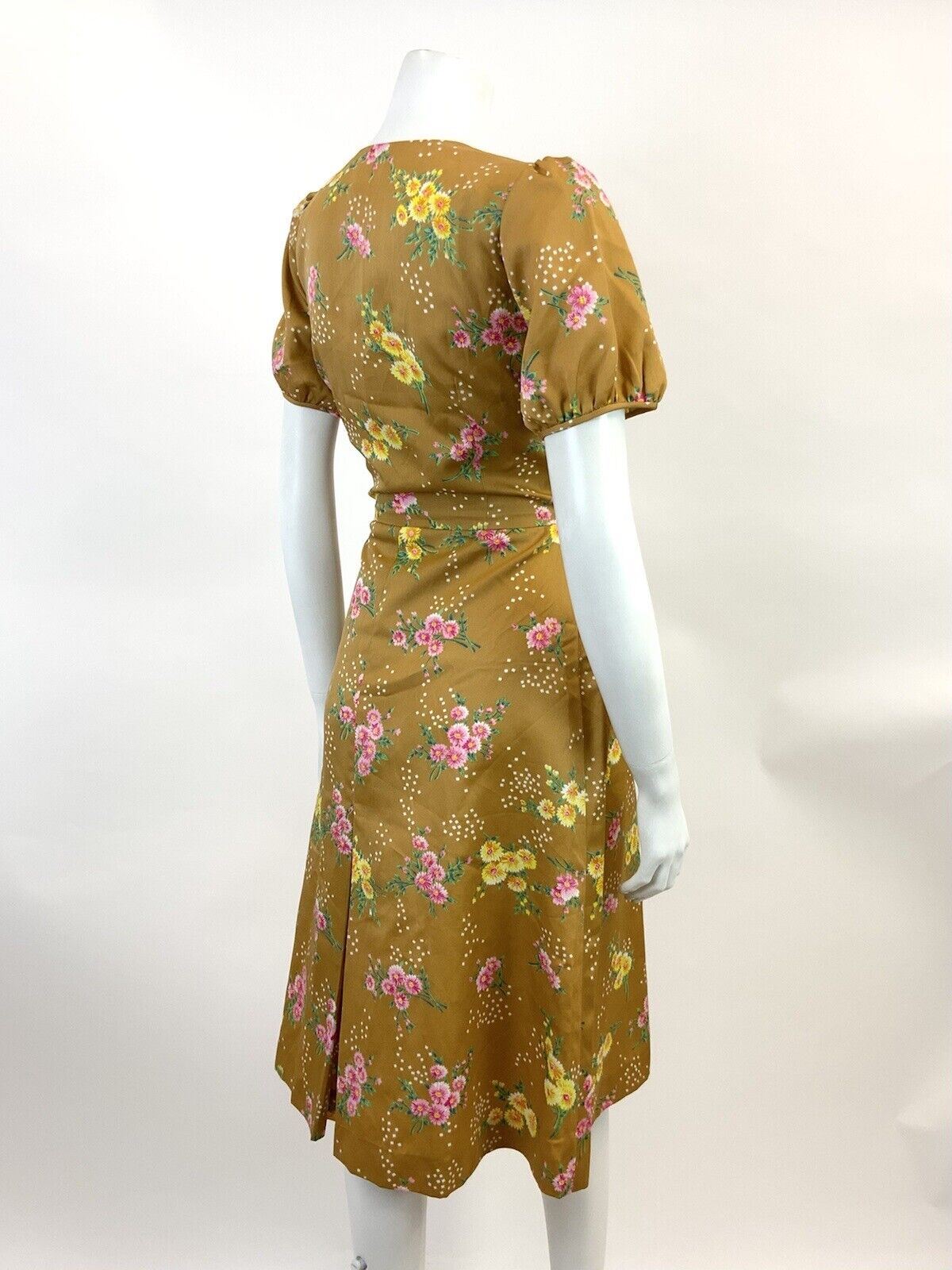 VTG 60s 70s GOLDEN BROWN  TAN GREEN PINK FLORAL DOTTY PUFF SLEEVE TEA DRESS 10