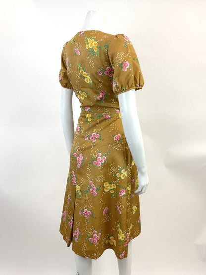 VTG 60s 70s GOLDEN BROWN  TAN GREEN PINK FLORAL DOTTY PUFF SLEEVE TEA DRESS 10