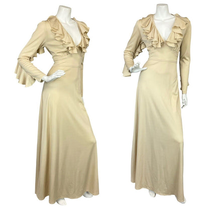 VTG 70S RUFFLE BOHO BEIGE BRIDAL PLUNGING NECKLINE FLOATY MAXI PARTY DRESS 8