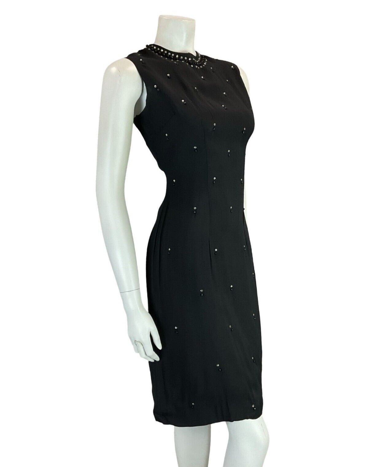 VTG 60S MOD BLACK DIAMANTE SLEEVELESS BEADED BLACK PARTY EVENING DRESS 12