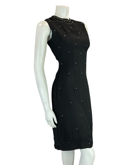 VTG 60S MOD BLACK DIAMANTE SLEEVELESS BEADED BLACK PARTY EVENING DRESS 12