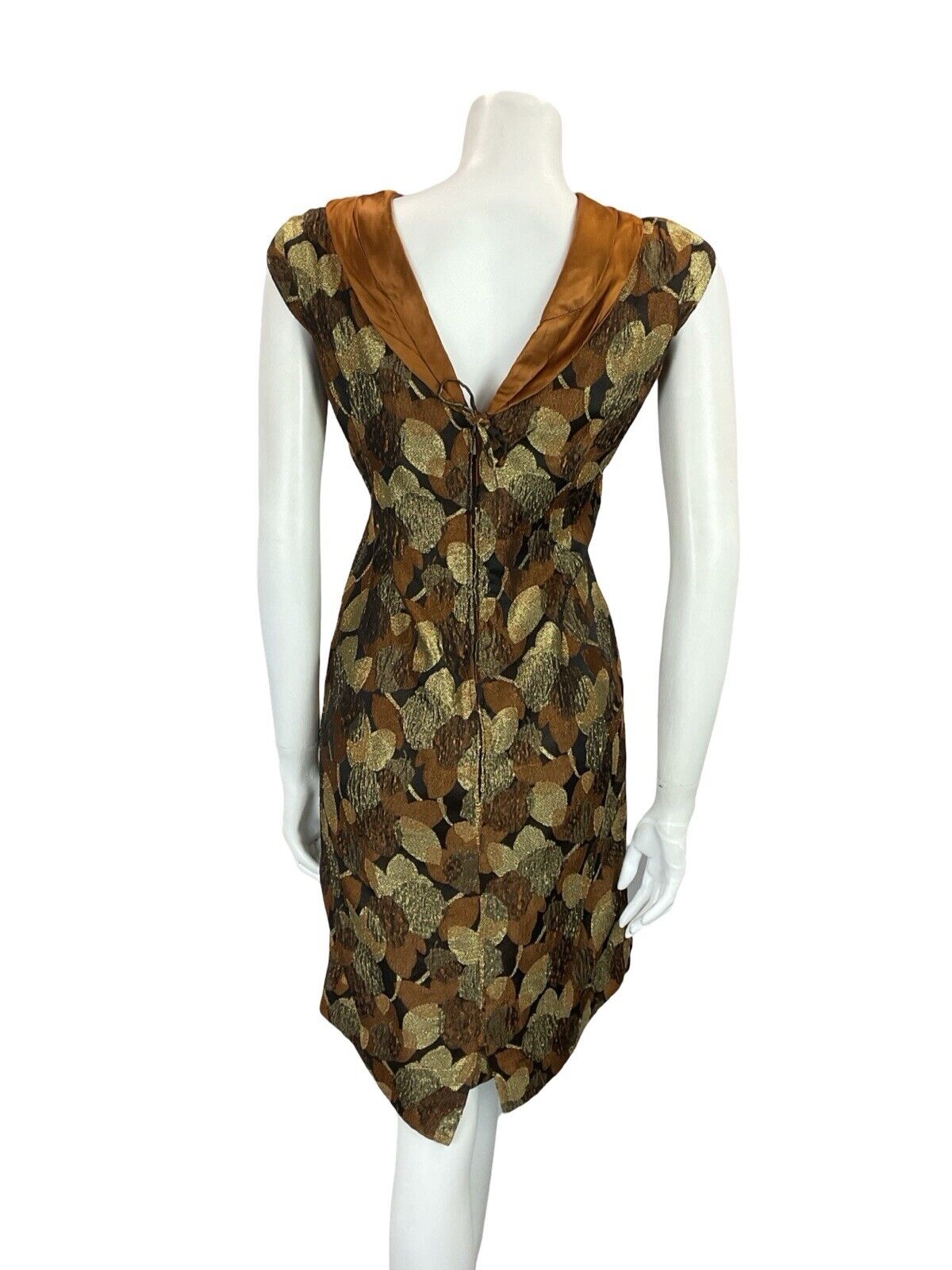 VTG 60S COPPER GOLD BLACK SATIN LEAF BROCADE PLUNGING BACK PARTY DRESS 12 14 M