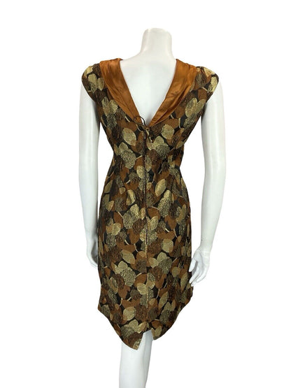 VTG 60S COPPER GOLD BLACK SATIN LEAF BROCADE PLUNGING BACK PARTY DRESS 12 14 M