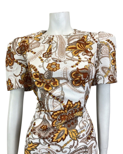VINTAGE 60s 70s BROWN WHITE YELLOW PSYCHEDELIC PAISLEY FLOWER A-LINE DRESS 14 16
