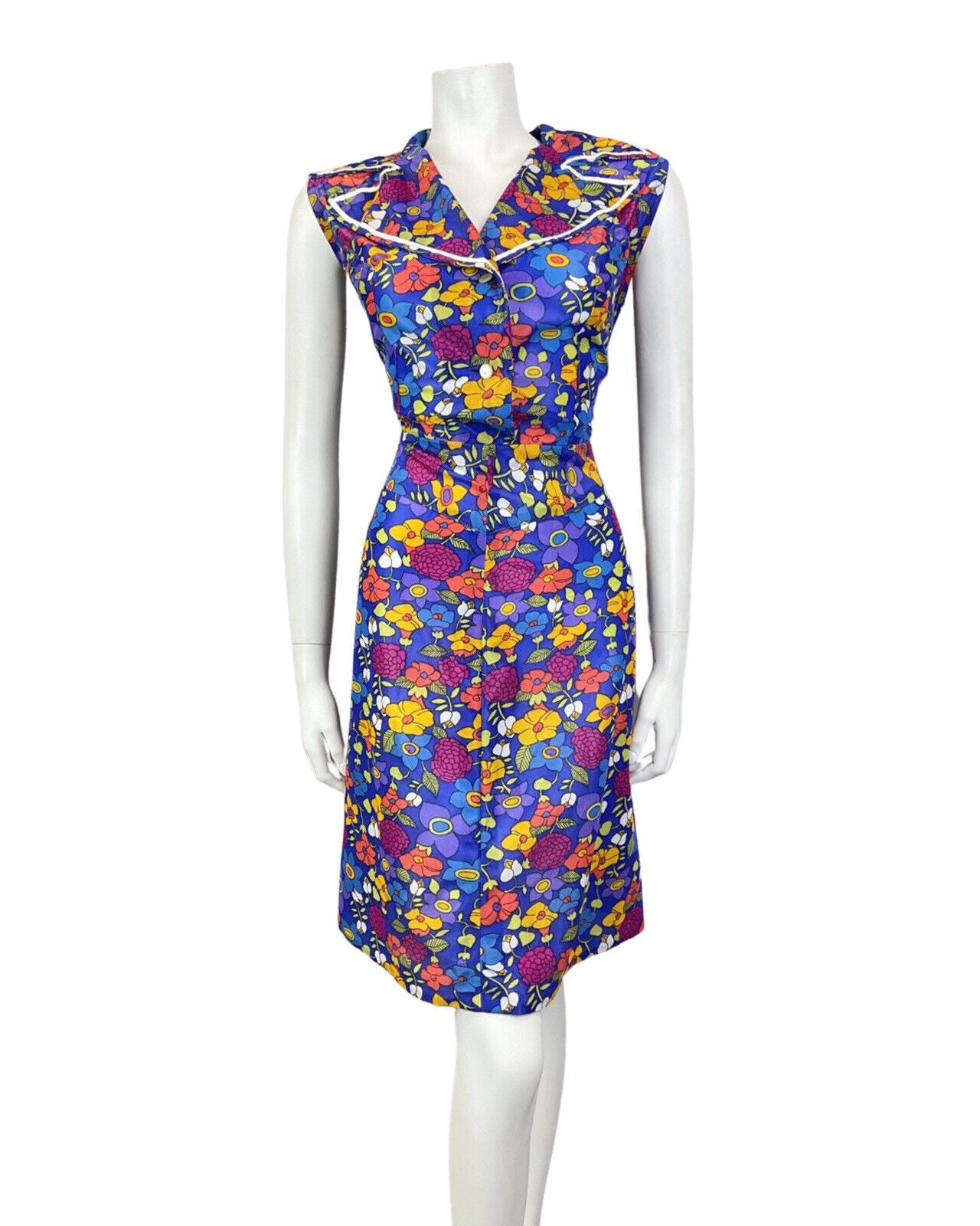 VINTAGE 60s 70s BLUE PURPLE YELLOW FLORAL MOD SLEEVELESS SHIRT DRESS 14 16