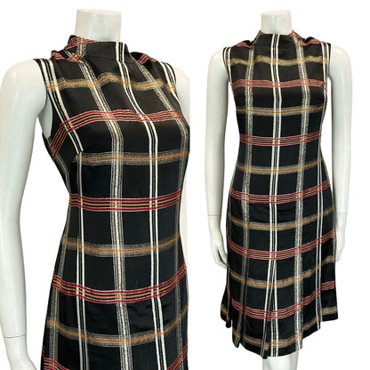 VTG 60S BLACK RED GOLD FUNNEL NECK PLEATED SLEEVELESS MOD PARTY DRESS M 12 14