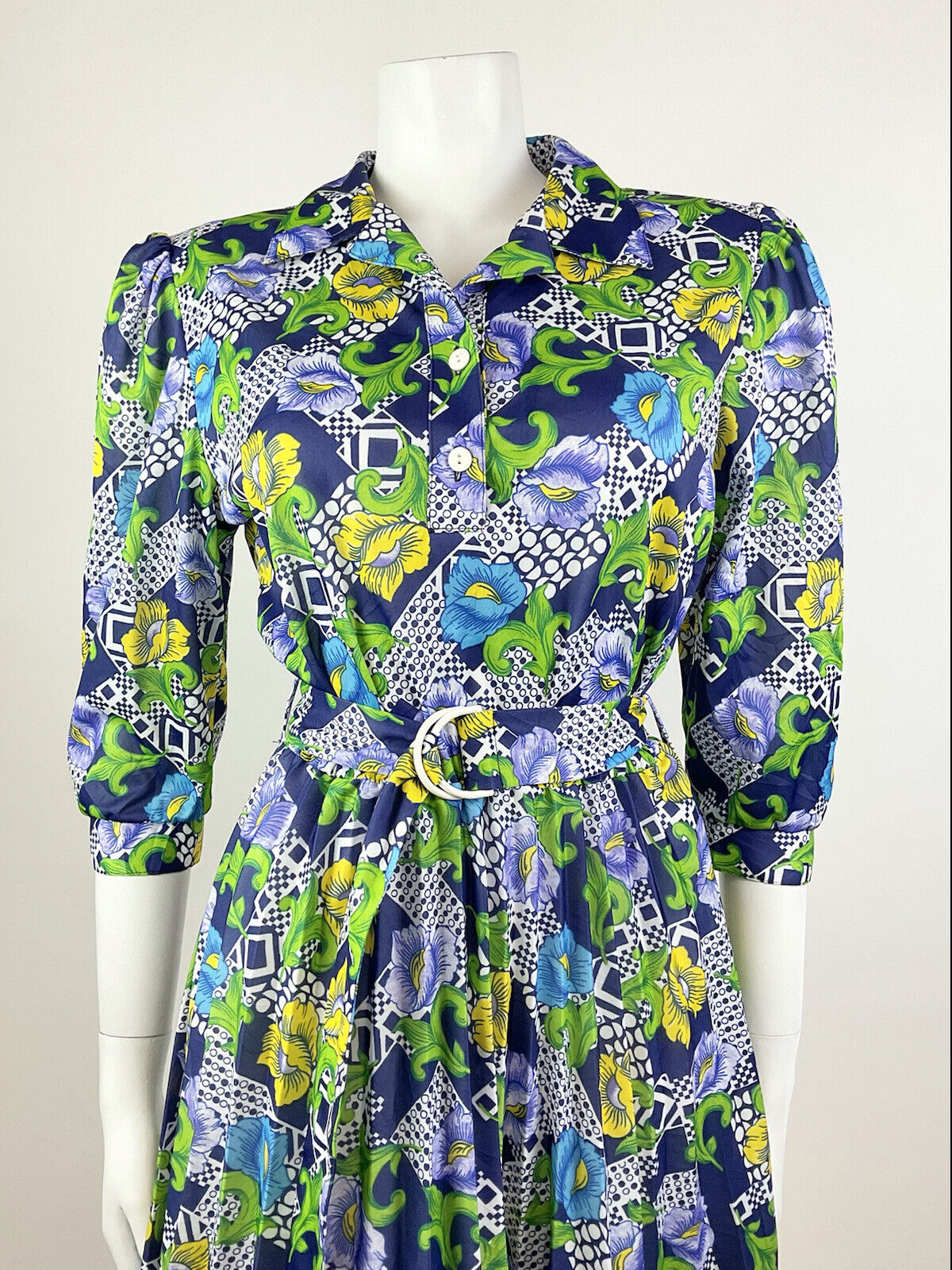 VINTAGE 70s BLUE GREEN YELLOW WHITE PSYCHEDELIC FLORAL BLOUSON SWING DRESS 10 12