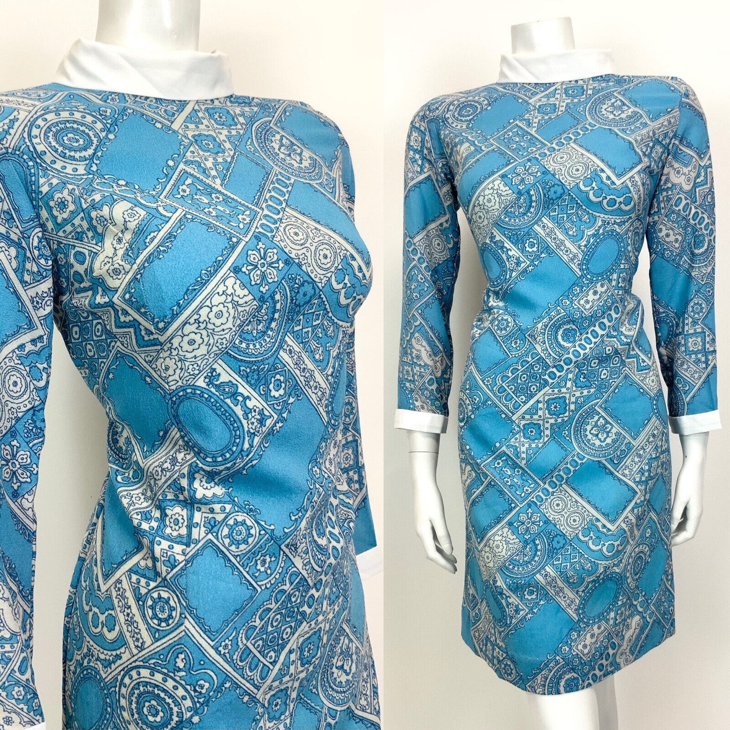 VTG 60s 70s BLUE WHITE PSYCHEDELIC MANDALA MOROCCAN TILED MOD SHORT DRESS 12 14