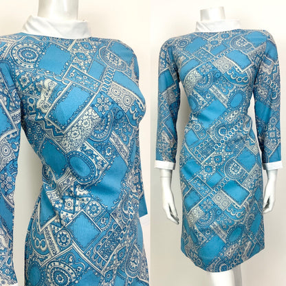 VTG 60s 70s BLUE WHITE PSYCHEDELIC MANDALA MOROCCAN TILED MOD SHORT DRESS 12 14