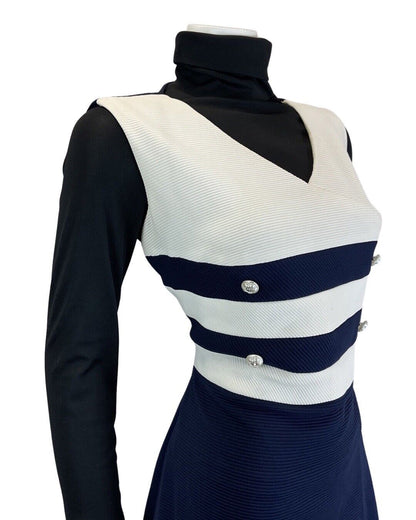 VINTAGE 60s 70s NAVY BLUE WHITE STRIPED NAUTICAL MOD SLEEVELESS DRESS 12 14