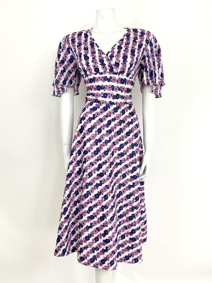 VINTAGE 60s 70s WHITE PINK PURPLE FLORAL STRIPED FLUTTER SLEEVE SWING DRESS 14