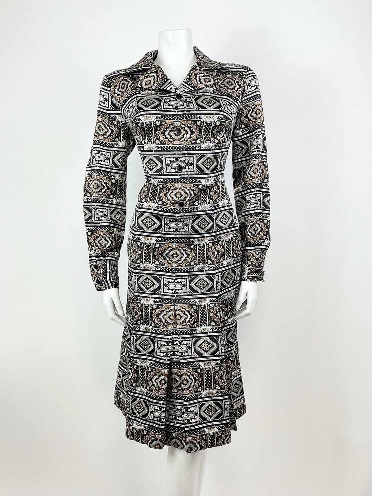 VTG 60s 70s BLACK BROWN WHITE PSYCHEDELIC TILED BAROQUE ORNATE SHIRT DRESS 14