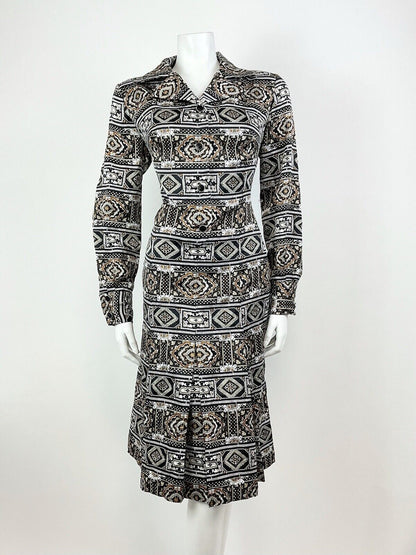 VTG 60s 70s BLACK BROWN WHITE PSYCHEDELIC TILED BAROQUE ORNATE SHIRT DRESS 14