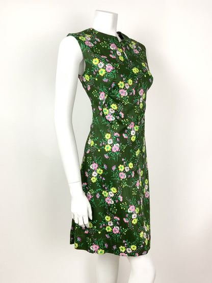 VINTAGE 60s 70s PINE GREEN PINK YELLOW PURPLE FLORAL DOTTY SLEEVELESS DRESS 12