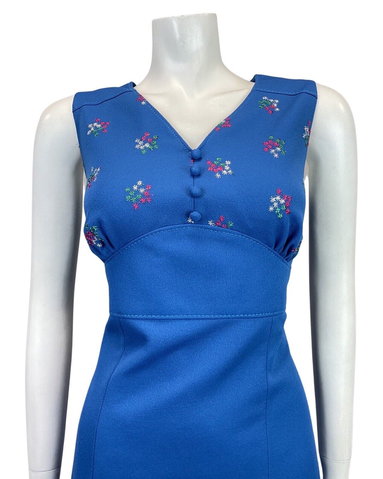 VINTAGE 60s 70s BLUE PINK SILVER EMBROIDERED FLOWER STAR SLEEVELESS MOD DRESS 14