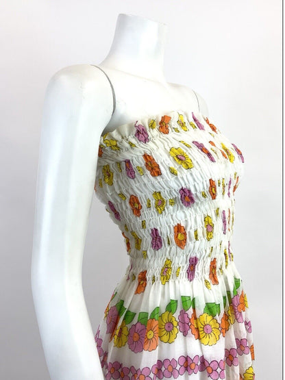 VINTAGE 60s 70s WHITE BLUE PINK ORANGE FLORAL SHIRRED STRAPLESS SUMMER DRESS 6 8