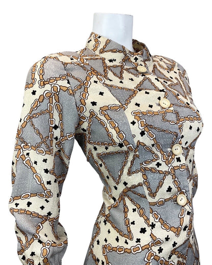 VINTAGE 60s 70s CREAM SILVER BROWN GLITTERY GEOMETRIC CHAIN MOD SHORT DRESS 10