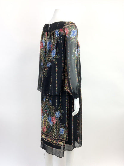 VTG 60s 70s BLACK RED BLUE FLORAL STRIPED MANDALA FOLK BOHO BLOUSON DRESS 10